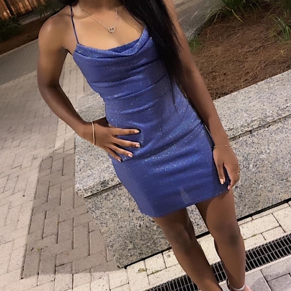 Ruda Spaghetti Strap Backless Blue Glitter Dress